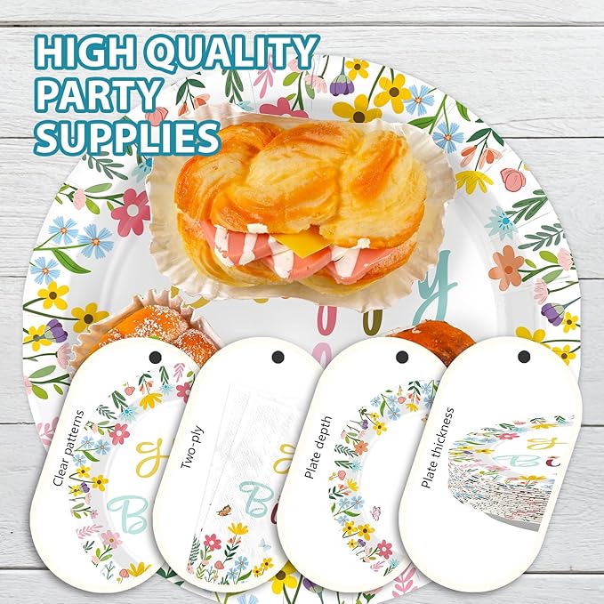 96Pcs Spring Flower Birthday Party Decorations Colorful Wildflower Plates and Napkins Groovy Boho Floral Leaf Disposable Paper Tableware Set for Women Birthday Party Supplies Serves 24