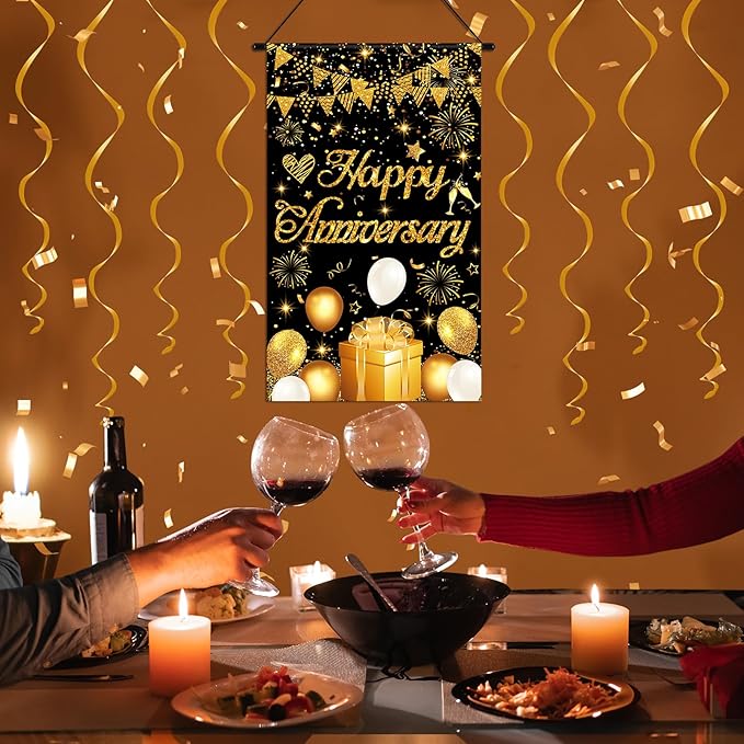 Anniversary Party Decorations Black Gold Happy Anniversary Door Banner Sign Small Wedding Anniversary Door Hanging Banner Porch Front Door Decor for Men Women Anniversary Cruise Door Sign Supplies