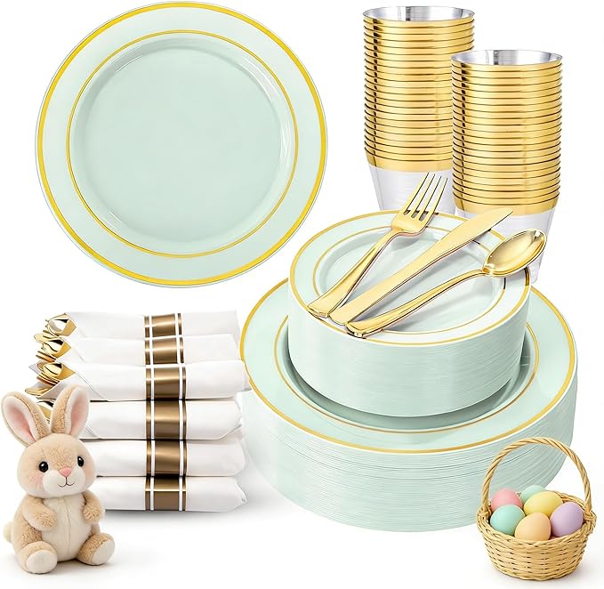 350PCS Green Plates Disposable - Sage Green Plastic Plates 50Guests Plastic Dinnerware with Rolled Napkins for Party/Birthday/Spring/Easter
