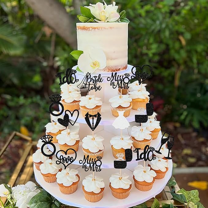 30 PCS Bride to Be Cupcake Toppers Glitter Miss to Mrs I Do Love Heart Ring Cupcake Picks Wedding Bridal Shower Cake Decorations for Wedding Engagement Bachelorette Party Supplies Black