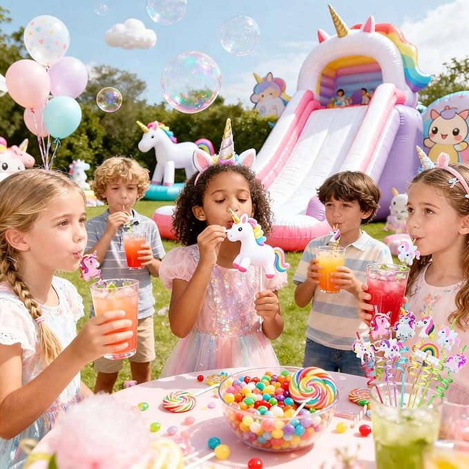 LEDUO 24Pcs Reusable Unicorn Drinking Plastic Straws,Silly Crazy Straws for Kids-Party Supplies-Party Favors Decorations-Rainbow Unicorn Theme Birthday Party Drinking Straw for Girls Boys