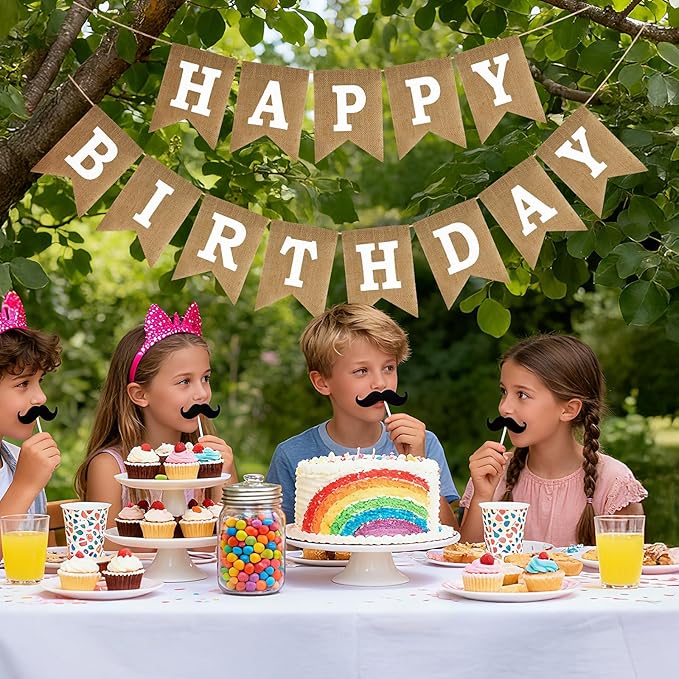 Anwyll Happy Birthday Banner - NO DIY Burlap Happy Birthday Banner Sign Happy Birthdays Party Decoration Happy Birthdays Banners Bunting for Women Men Girl Boy Celebration Party Backdrops (Brown)
