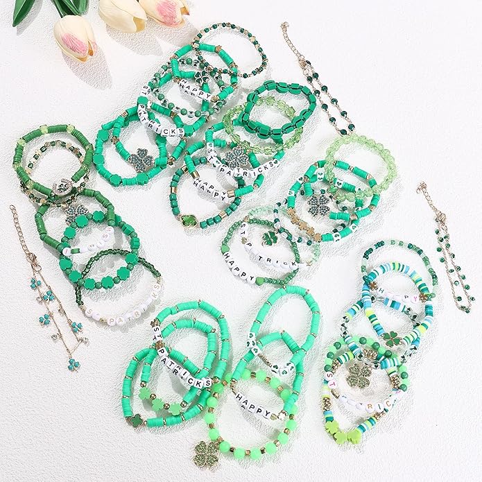 Cooluckday 36 Pcs Holiday Heishi Surfer Bracelets for Women Bulk Easter Mother's Day Christmas St. Patrick's Day Mardi Gras Bracelet Stackable Stretch Friendship Bracelets Set