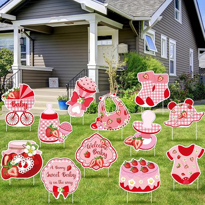 Amyhill 12 Pcs Strawberry First Birthday Yard Signs with Stakes Outdoor Strawberry Garden Decorations Waterproof Outdoor Decoration for Baby Shower Patio Lawn Walkway Birthday Party Decorations
