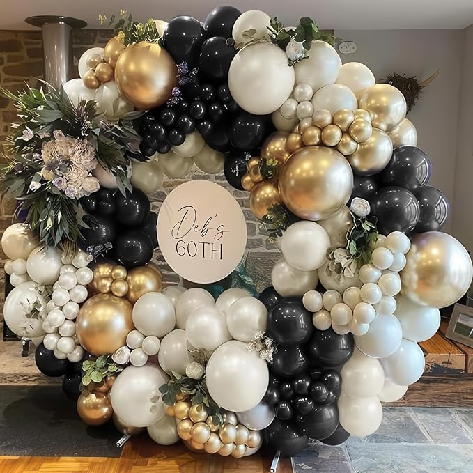New Years Balloon Garland Arch Kit Black and Gold Explosion Star Balloons Black Pearl White Champagne Gold Balloon for Happy New Year Eve 2026 Grad Birthday Retirement Baby Shower Party Decor