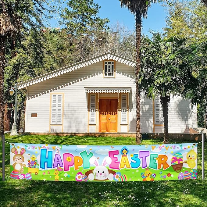 Easter Decorations Happy Easter Banner Traditional Easter Day Porch Banner Easter Yard Sign for Wall Yard Fence Spring Theme Party Indoor Outdoor (Blue)