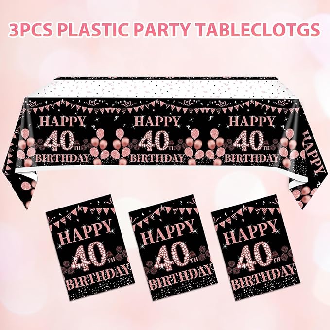 3 PCS 40th Black and Rose Gold Tablecloth Decorations Disposable Plastic Rectangle 40th Birthday Tablecloth for Girls Women Birthday Party Supplies (54x108inch)