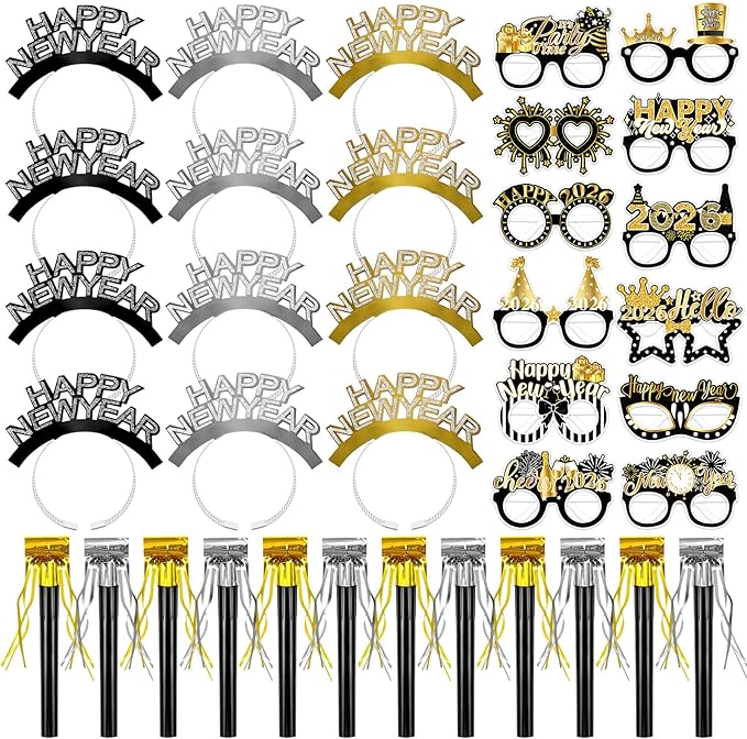 Openfly 36Pcs New Years Eve Party Supplies 2026 Happy New Year Hats Headband Tiara Noise Makers Paper Glasses Party Favors