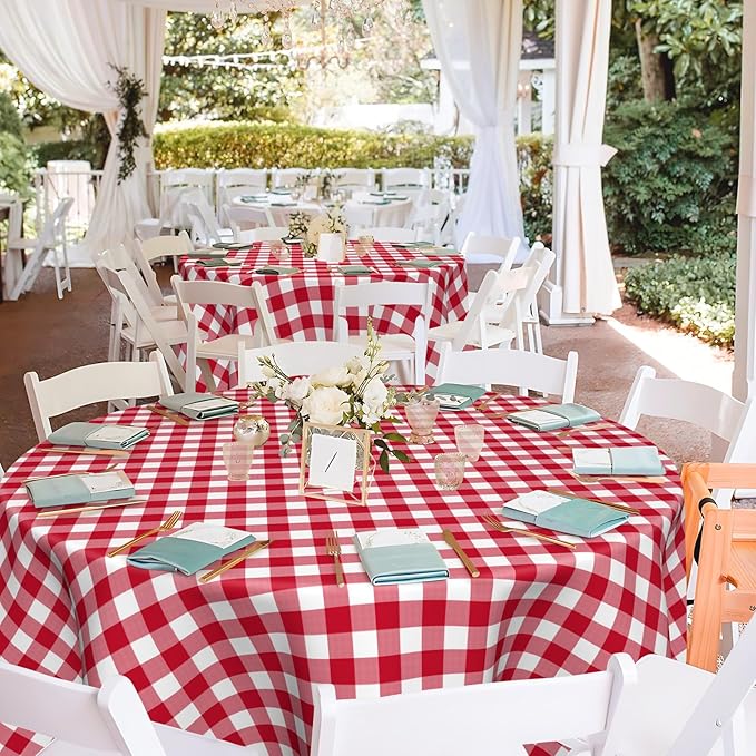 Mulbozy 12 Pack Red Checkered Tablecloth 84 Inches Round Red Gingham Tablecloth Disposable Plastic Waterproof Table Cover for Outdoor Picnic, Kitchen, Holiday Birthday Party