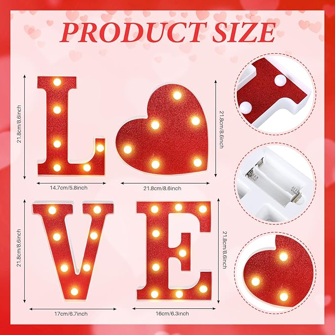 3 Pcs LED Marquee Light Up Letters Black Boo Sign Halloween Decorations Indoor Boo Halloween Lights for Home Kitchen Tabletop Fireplace Party Decoration (Red Love)