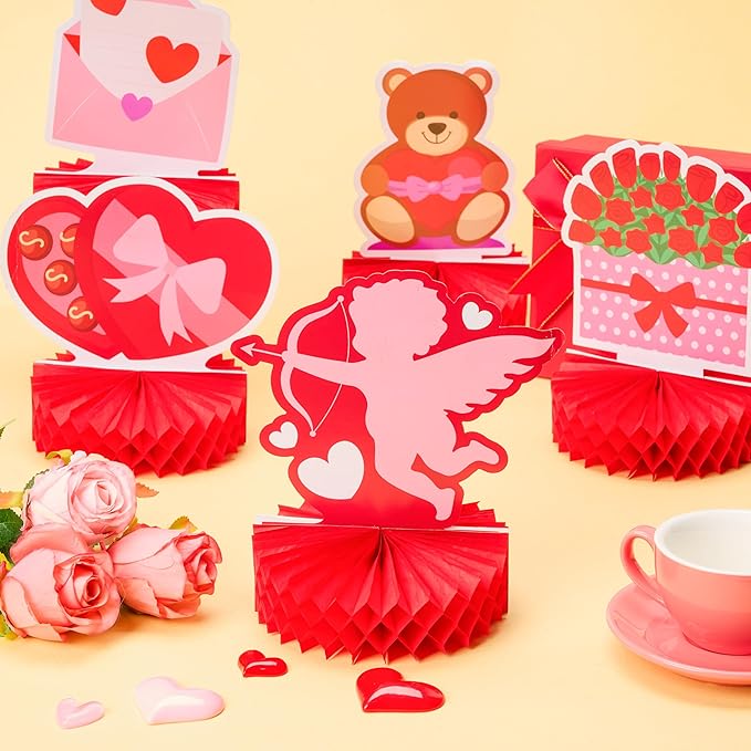 JOYIN 12 Pcs Valentine's Day Honeycomb Centerpieces, Table Decorations with Red Pink Heart Bear , Centerpieces Decor for Kids Birthday Valentine's Day Party Supplies