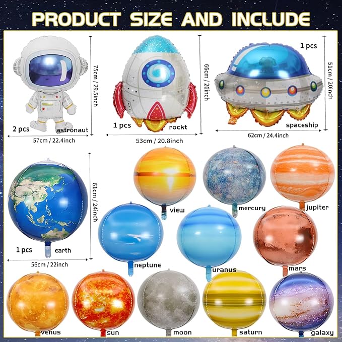 16-Piece Space-Themed Foil Balloon Set Perfect for Space Astronaut,Spaceship and Rocket-Themed Birthday Party Decorations Galaxy,Planet-Themed Party Supplies