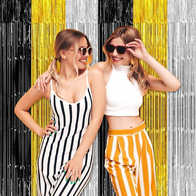 6 Pack Black Gold Silver Foil Fringe Curtains Backdrop, 3.28 x 9.8 Ft Metallic Streamers Tinsel Curtains Background for Photo Booth, Birthday, Halloween, Christmas, New Year Party Decorations