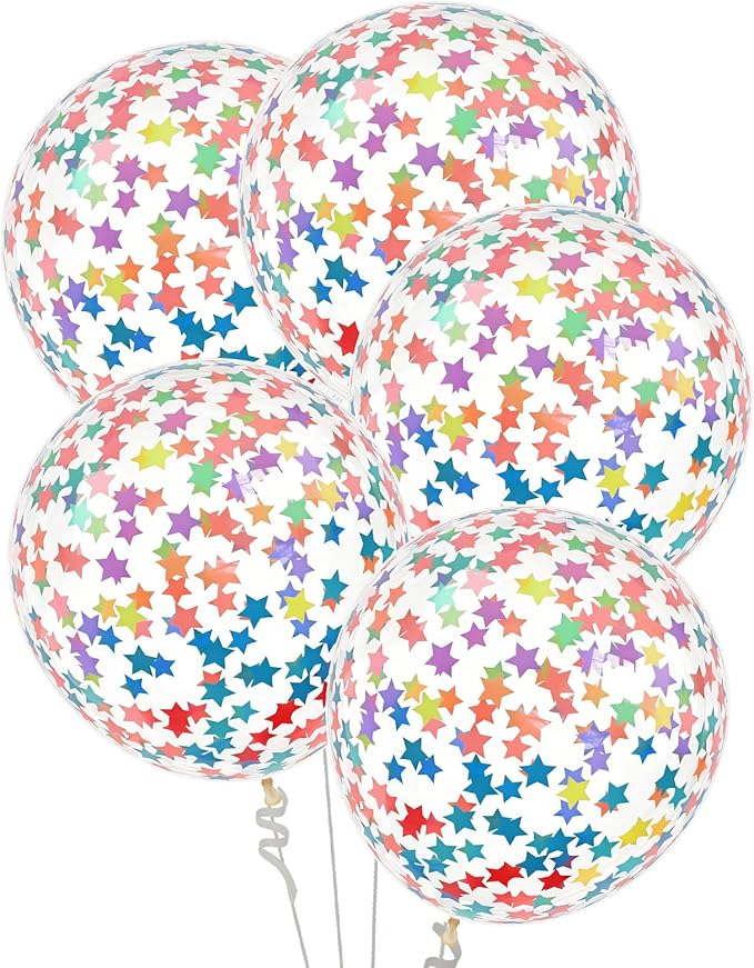 VHUWE 25 Pcs Mixed Pastel Colors Star Confetti Balloons, 12 Inch Clear Latex Balloon with Confetti Inside for Birthday Party Baby Shower Graduation Engagement Bridal Shower Decorations - Rainbow