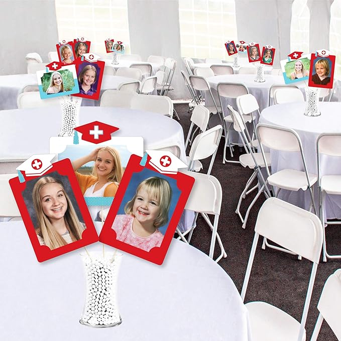 Graduation Photo Display Centerpiece Kit - 15 Double-Sided Photo Table Topper Sticks, Vertical and Horizontal 4x6 Picture Holders, DIY Party Decoration Set - Nurse Graduation