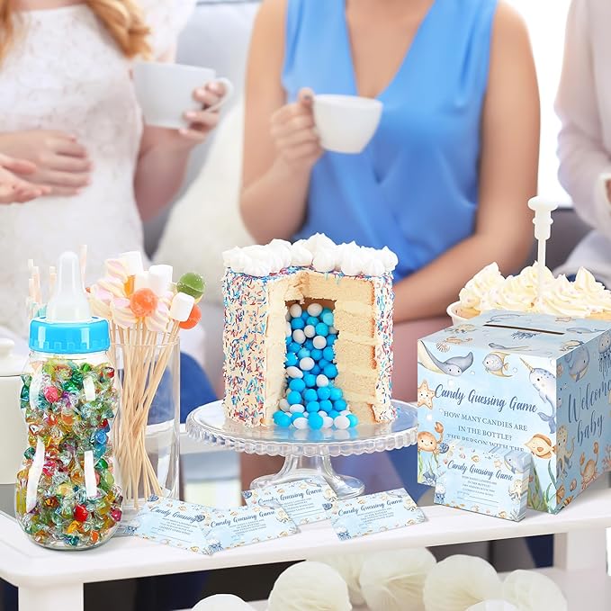 Glenmal 52 Pcs Under The Sea Baby Shower Games Gift Sets Large Baby Bottle for Shower Game Guess How Many Candies Decorations for Gender Reveal