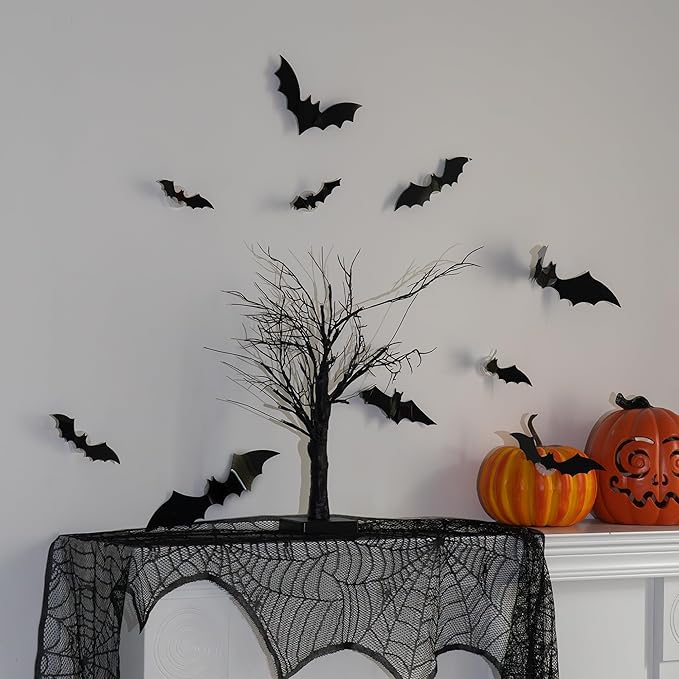 TW SHINE 36 Pcs Halloween Bats Wall Decor, Removable Lighted 3D Bats Wall Stickers Assorted Size, PVC Halloween Decorations for Indoor Outdoor Home Window Party Supplies