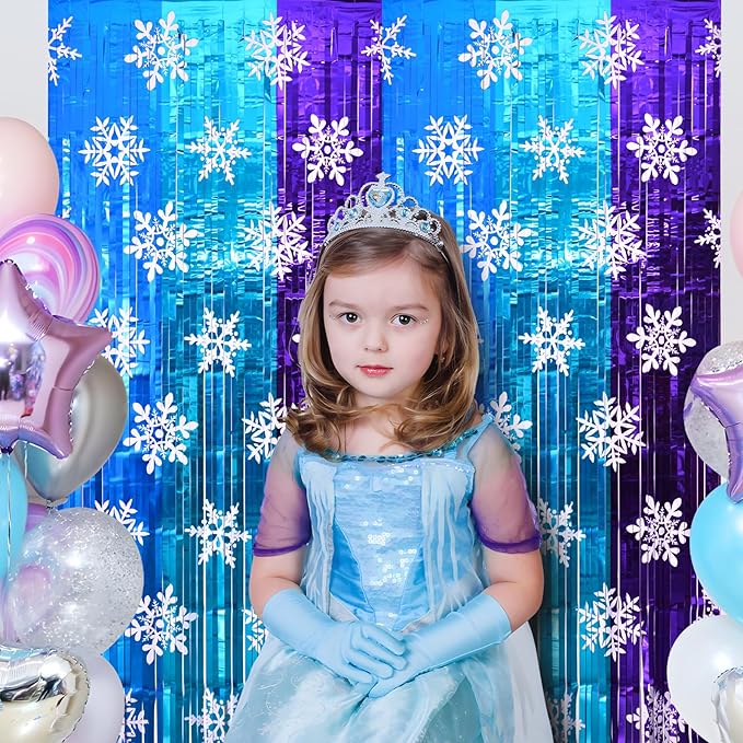 Winter Princess Birthday Party Decorations, 2 Pack Ice Birthday Party Supplies 3.3x6.6ft Tinsel Foil Fringe Curtains, Winter Photo Booth Prop Backdrop Streamer, Snowflake Birthday Party Decor