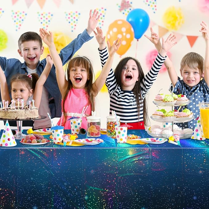 12Pcs Iridescent Space Tablecloths, Disposable Plastic Blue Galaxy Table Cloth Rectangle Table Covers for Space Starry Night Star Theme Party Birthday Party Decorations, 54x108 Inch