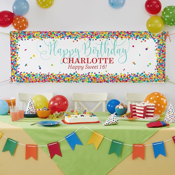 Let's Make Memories Personalized Happy Birthday Banner for Kids - Custom Colorful Party Decorations - Indoor/Outdoor Vinyl - Any Text - Happy Birthday Confetti - 8ft