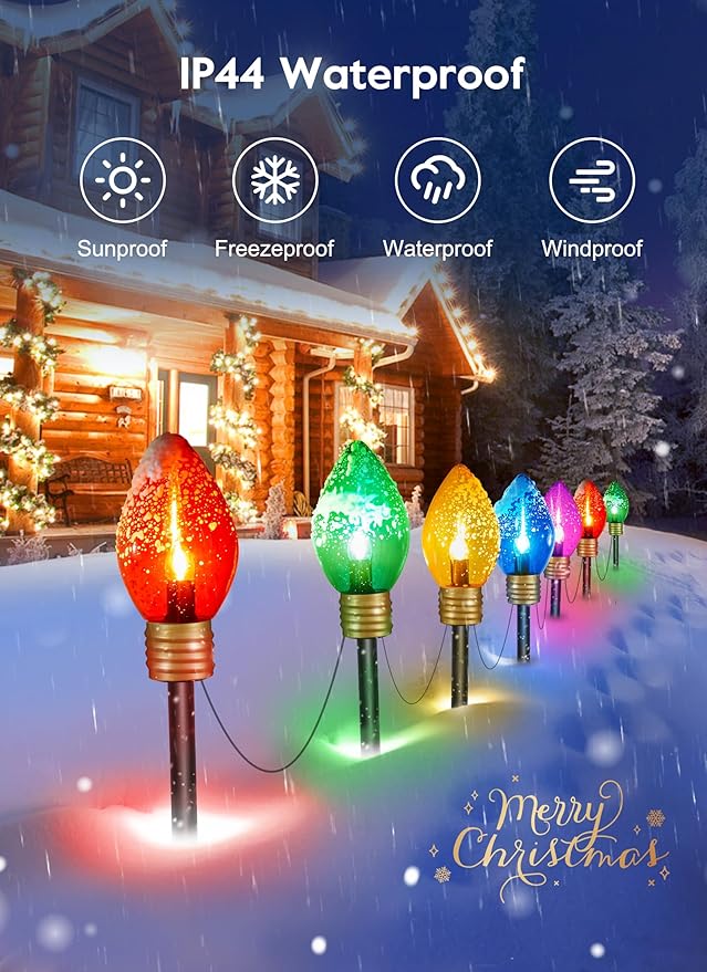 Brightown Jumbo C9 Christmas Lights Outdoor Decorations Lawn with Pathway Marker Stakes, 8 Feet LED Lights Covered Jumbo Multicolored Light Bulb for Holiday Outside Yard Garden Decor, 5 Lights