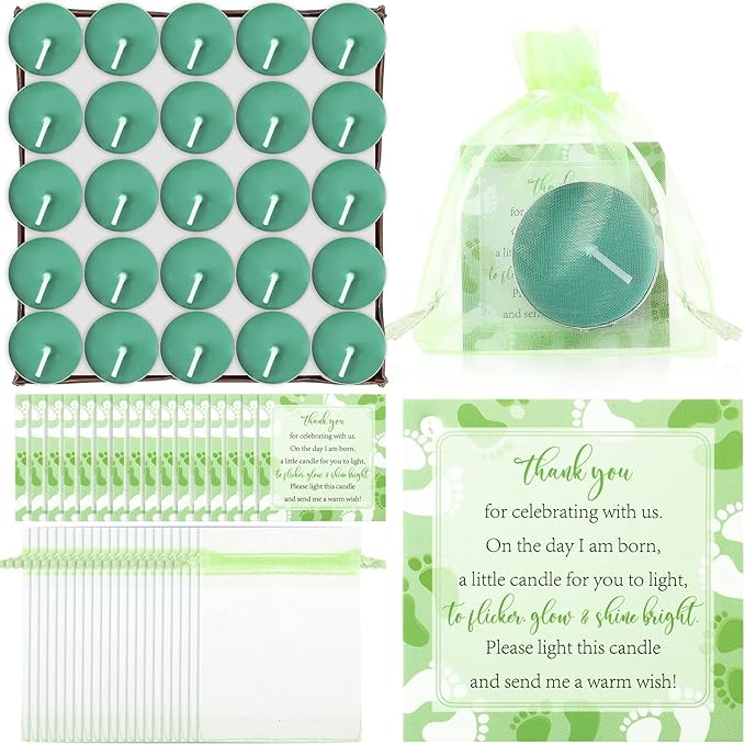 50 Sets Baby Shower Party Favors Including 50 Pcs Unscented Tealight Baby Shower Candles Gift Bags Cards for Gender Reveal Party Supplies(Green)