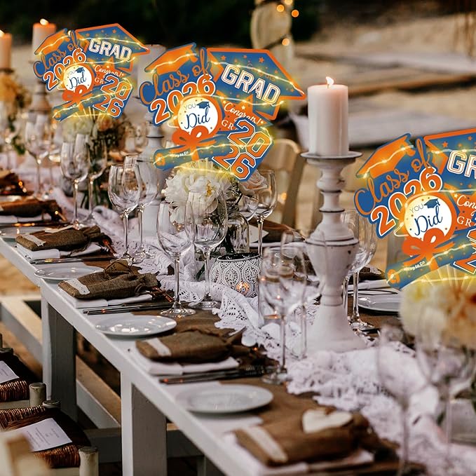 OuMuaMua Graduation Decorations Class of 2026-30pcs Blue Orange Graduation Table Centerpieces Sticks Table Toppers with Lights for College High School Congrats Grad Party Supplies