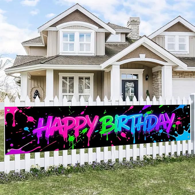 Happy Birthday Banner Colorful Graffiti Backdrop Banner 118 x 20 inchs Birthday Party Decorations Supplies for Boys and Girls Baby Shower Indoor Outdoor Party Decorations