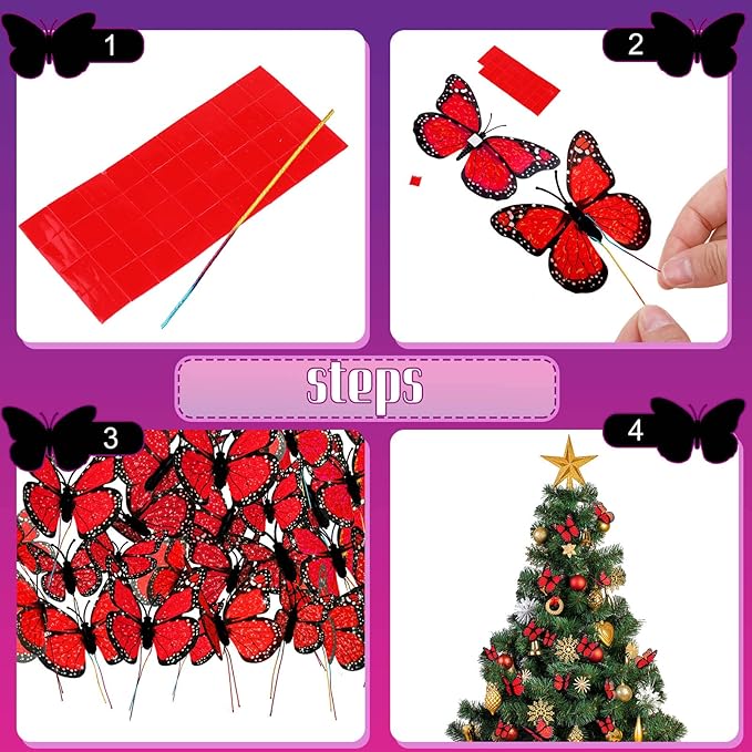 Waydress 24 Pieces Halloween Monarch Butterfly Decorations 3 Size Artificial Monarch Butterflies Wall Decor 3D Butterfly Wing Wall Art with Wire for Fall Wedding Home Bedroom Decorations(Red)
