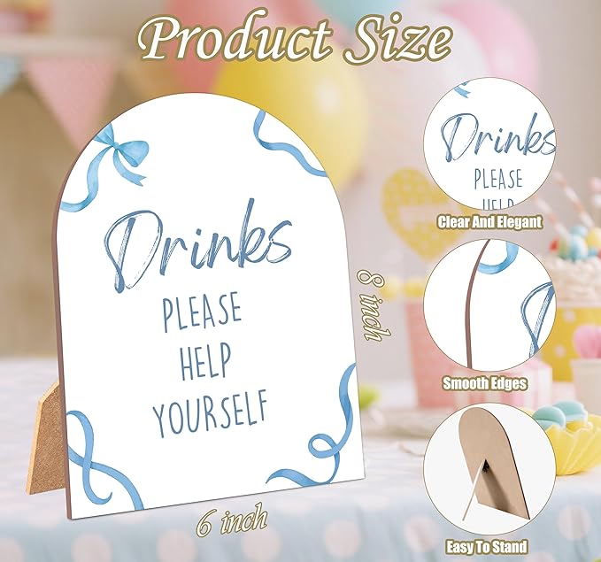 Blue Bow Drinks Please Help Yourself Sign for Baby Shower, 6x8 Inch Arch Wooden Sign with Stand, Blue Baby Shower Table Sign, Gender Neutral Party Decoration - QW10