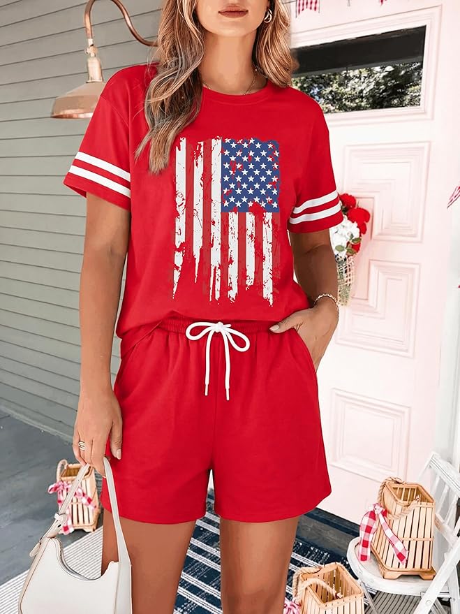 VILOVE 4th of July 2 Piece Sequin Outfits Women 250 Anniversary Usa Shirts and Short Sets Casual Patriotic Shirt Summer Set