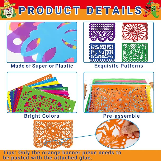 10 Pack Mexican Party Decorations, 180 FT Fiesta Banner Cinco De Mayo Party Banner Plastic Papel Picado Mexican Themed Party Banner Flags Colorful Indoor Outdoor Dia De Los Muertos Home Decor