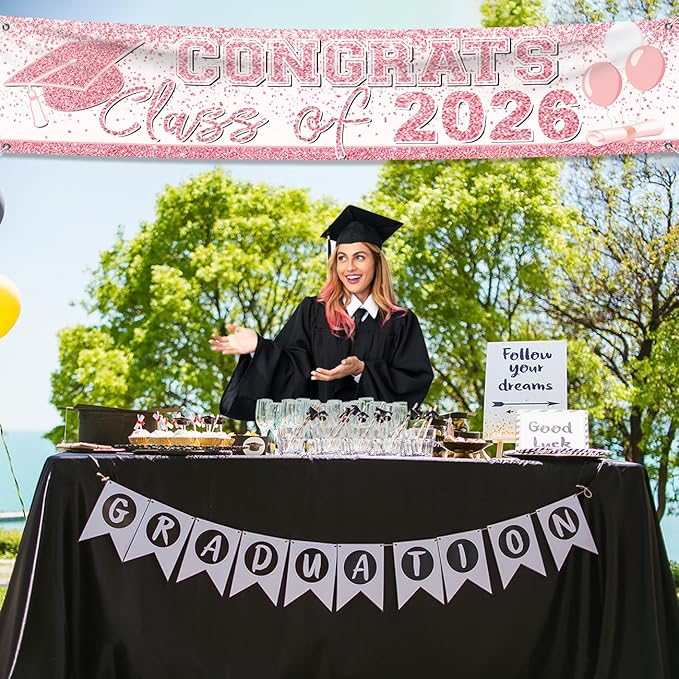 Pink Graduation Party Decorations Class of 2026 Banner Congrats Grad Rose Gold Graduation Yard Sign Banner for High School College Party