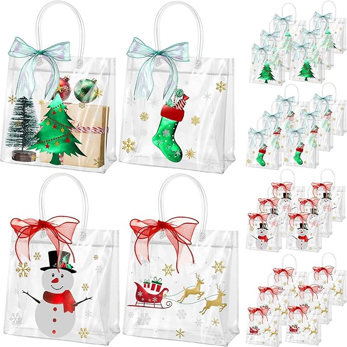 Henoyso 24 Pcs Christmas Clear Gift Bags Plastic Candy Treat Goodie Bags Red Foil Santa PVC Wrap Totes with Handles and Ribbon Xmas Party Favors (Red and Green,7.8 x 7.8 x 3.1 Inch)
