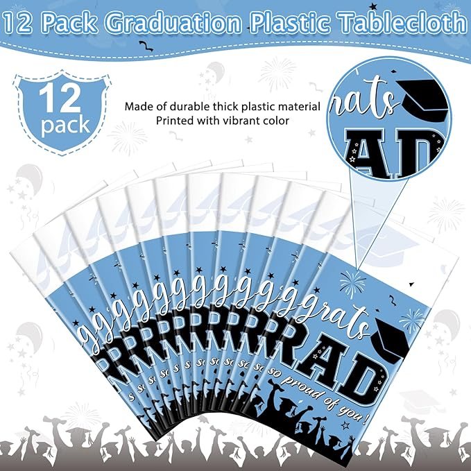 12Pack Graduation Tablecloth Party Decorations, Class 2026 Congrats Grad Plastic Tablecover Party Supplies, Light Blue Rectangle Graduation Table Decorations for College High School Party, 54x108 Inch