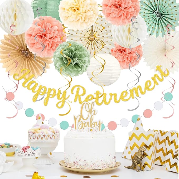 Retirement Party Decorations for Women --Sage Green Peach Pink Happy Retirement Banner Backdrop, Hanging Swirls Pompoms Kit Office Retired Party Supplies for Coworker