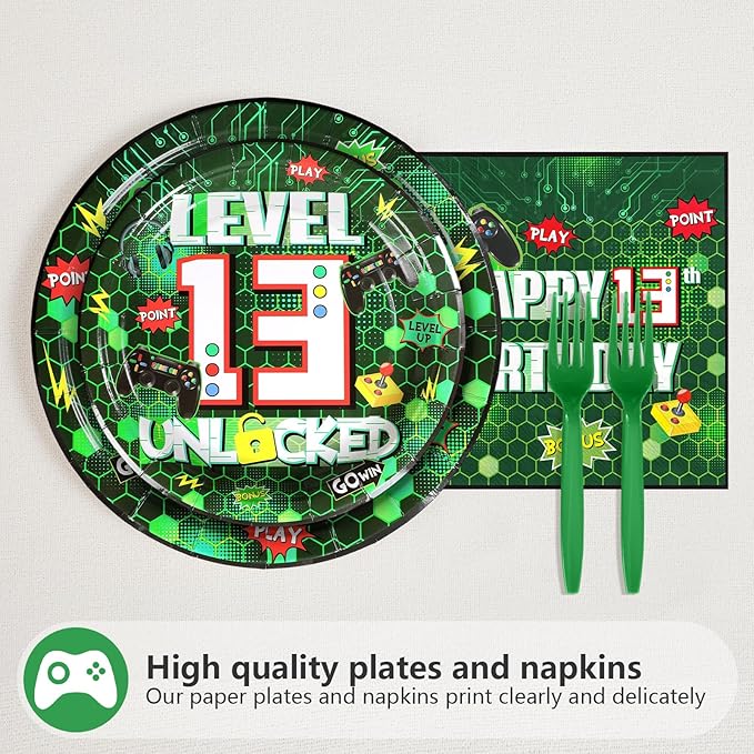 Grencian 96Pcs 13th Birthday Video Game Party Supplies Green Video Game Plates and Napkins Level Unlocked Tableware Set for Gaming Boys 13 Year Old Kids Birthday Party Decorations Serves 24