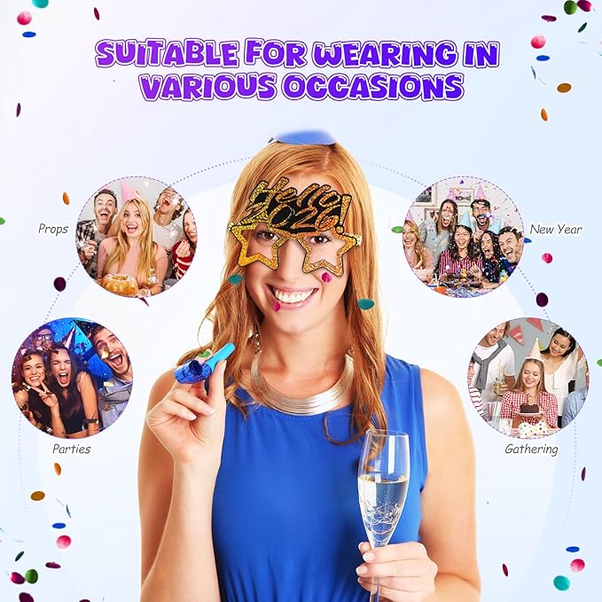 PRETYZOOM 9Pcs 2026 Happy New Year's Eve Eyeglasses: Year of Horse Glasses Nye Party Favor for 2026 Supplies Glitter Holiday Glasses Decorations