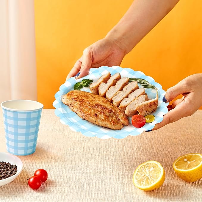 168PCS Party Plates, Blue Scalloped Gingham Paper Plates and Cups and Napkins Sets Party Supplies for Birthday Wedding Bridal Shower Baby Shower Picnic, Serve for 24 Guests, Blue