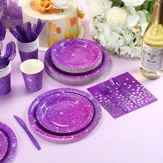 Hushee 350 Pcs Purple Holographic Print Party Supplies Guests Disposable Dinnerware Set Include Paper Plates, Napkins, Cups, Plastic Cutlery for Wedding Birthday Disco Bachelorette