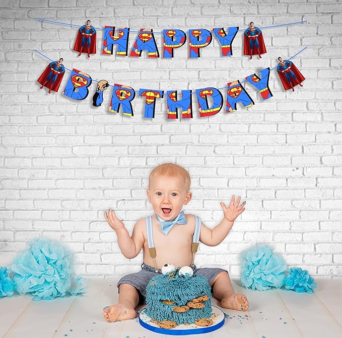 Suprmn Happy Birthday Banner – Superhero Themed Birthday Party Decoration – Durable, Reusable, and Easy to Hang Banner for Birthday Parties – Perfect Party Supplies for Boys and Girls Celebration
