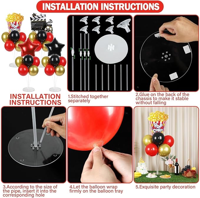 4 Sets Movie Night Party Balloons Stand Kit with Popcorn Clapboard Star Foil Balloons Red Black Gold Themed Party Balloon Centerpiece for Tables for Birthday Camera Film Party Movie Themed Decorations