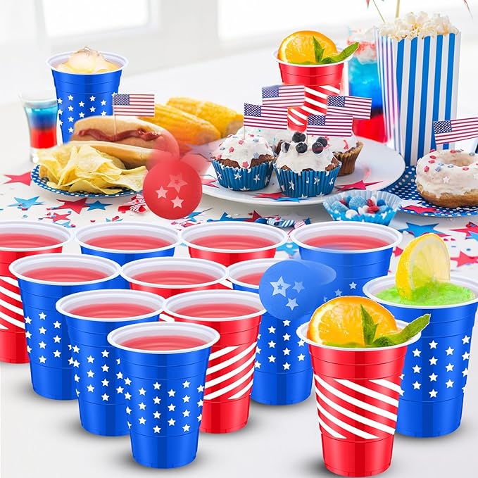 32 Pcs Red Blue White Party Game Set Include 16oz Patriotic Plastic Cups with 8 Star pattern Balls,4th of July Cups Memorial Independence Day Veterans Labor Juice Beverage Toss Game Supplies