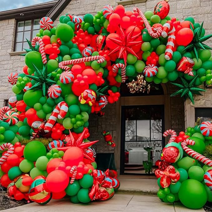 Christmas Balloon Garland Kit 143 Pcs Lime Green Dark Green Red Gold Balloons Arch with Candy Canes Foil Balloon Explosion Star Balloons for Xmas Ugly Sweater Friendsmas Birthday Party Decor