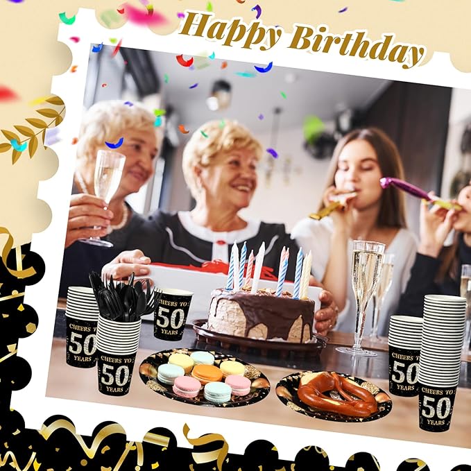 240 Pcs 50th Birthday Decorations 1976 Birthday Party Tableware Include Plates Napkins 9oz Cups Cutlery 50th Anniversary Party Supplies for Men Women Him Her, Serve 30 Guests (Black Gold)