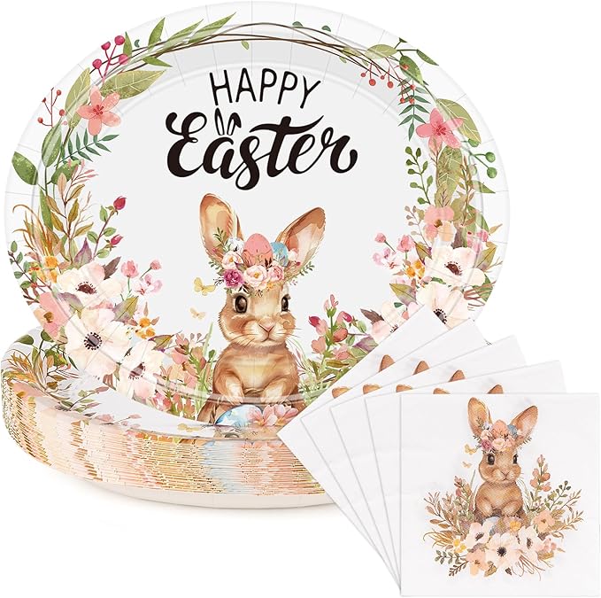 50Pcs Easter Paper Plates and Napkins Set Serve 25 Guests 10" x 12.5" Large Oval Plates and 6.5'' Napkins, Disposable Heavy Duty Easter Tableware Set Plate Bunny Egg Dinnerware Party Supplies