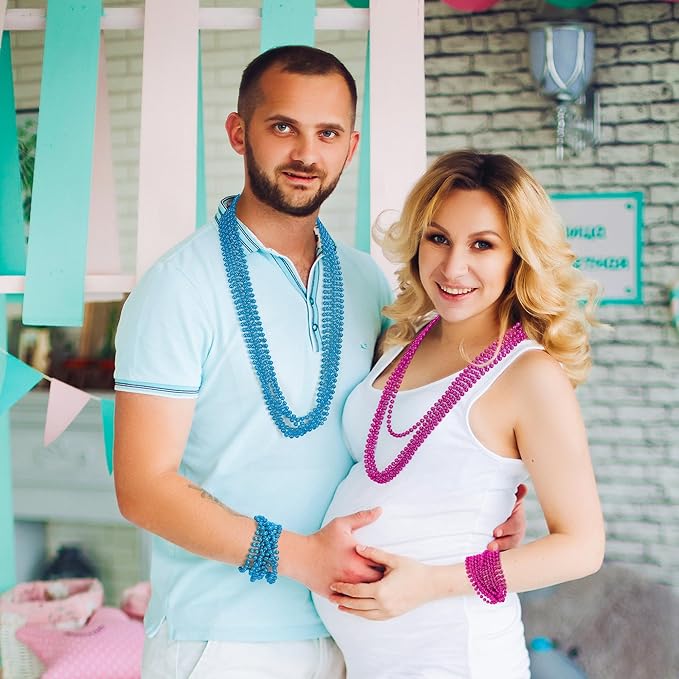 Gender Reveal Beads Decorations, 12PCS Pink Blue Gender Reveal Necklaces, 33" Round Beads Necklace Baby Gender Reveal Ideas, unisex adult Gender Reveal Party Accessories Sets Celebrations Decorations