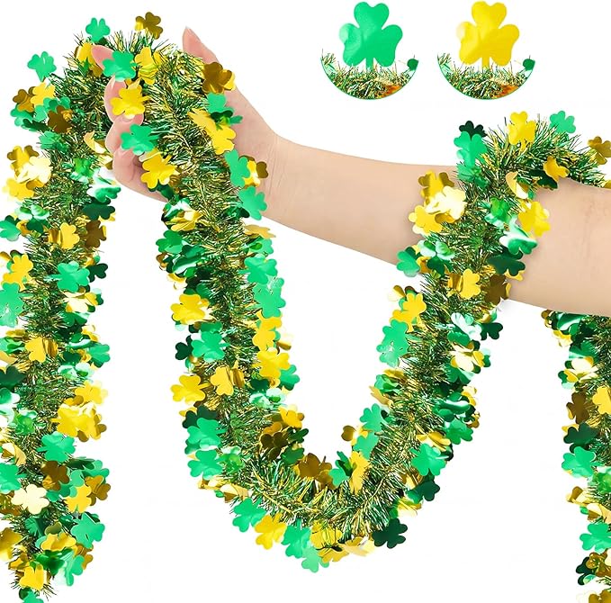 50FT St Patrick's Day Tinsel Garland, Green Gold Shamrock Clover Garland, Shiny Metallic Hanging Shamrock Streamer St Patricks Day Decorations Irish Decor