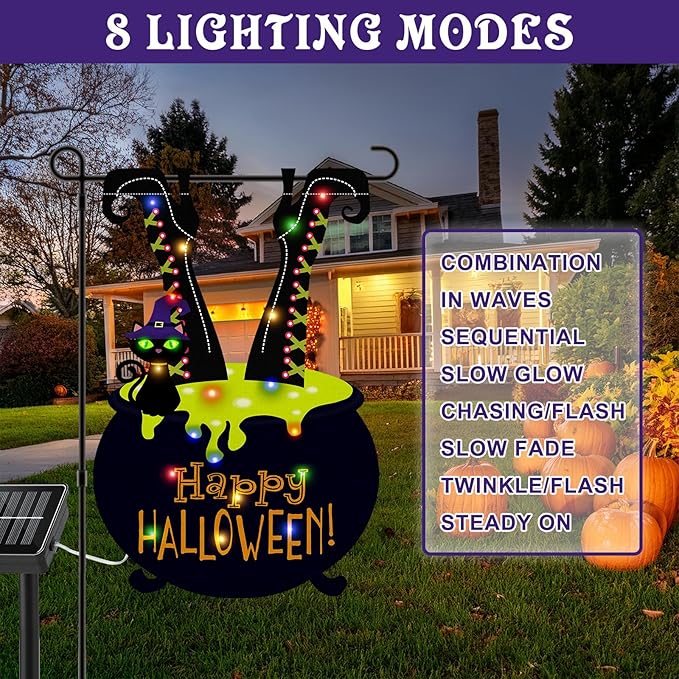 Halloween LED Lighted Garden Flag for Outside, 12x18 in Solar Double Sided Witch Feet Shape Yard Flag, Halloween Decorations for Patio Lawn, Home Porch