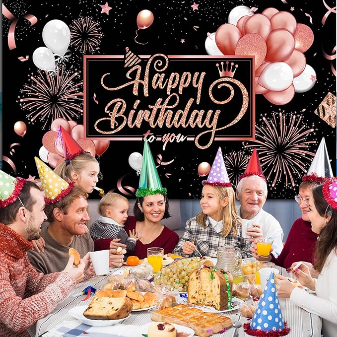 Blulu Happy Birthday Backdrop Banner Sign Poster Large Fabric Glitter Balloon Fireworks Sign Photo Backdrop Background for Birthday Party Decoration Supplies, 72.8 x 43.3in (Pink and Black)